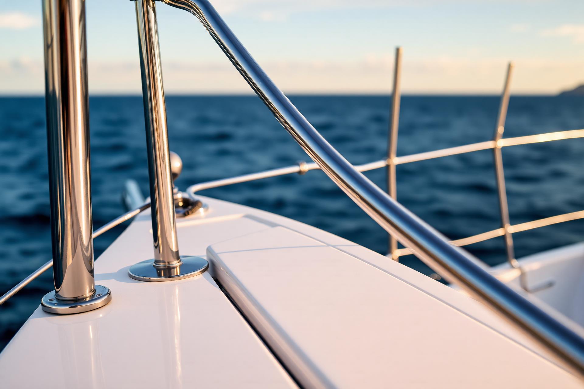 Pulpito e battagliola in acciaio inox lucidato a specchio su yacht di lusso, al tramonto sul Mediterraneo
